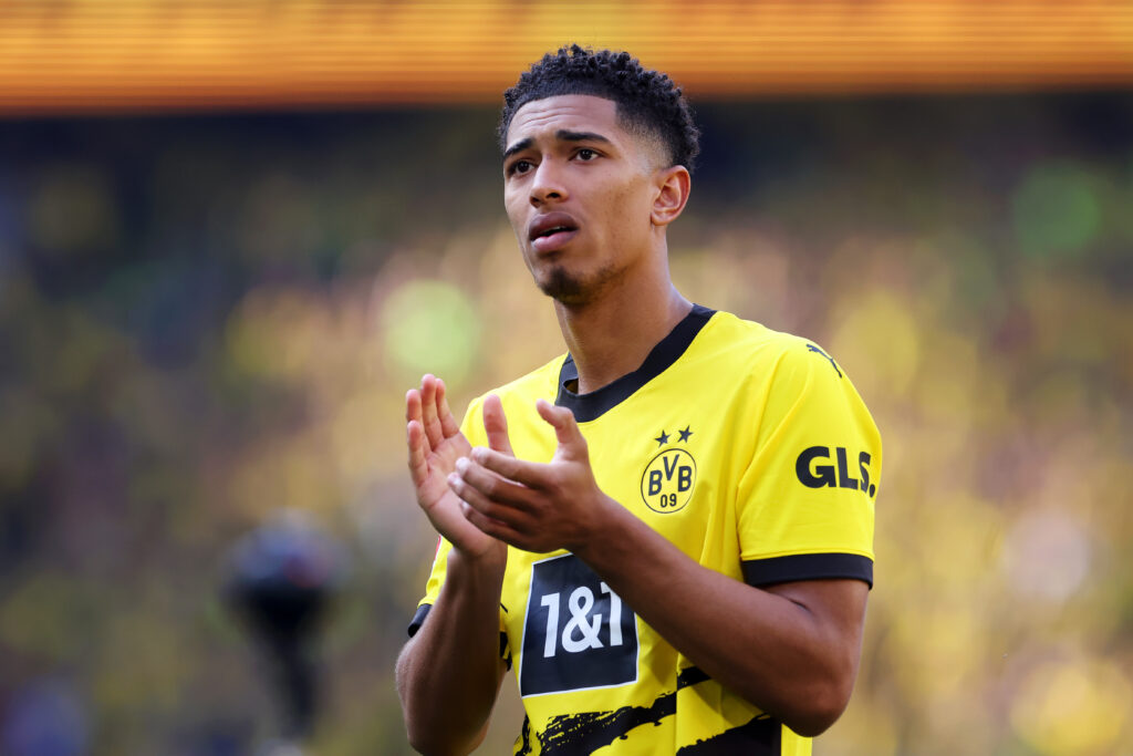 DORTMUND, GERMANY - MAY 27: Jude Bellingham of Borussia Dortmund looks dejected following the team's draw, as they finish second in the Bundesliga behind FC Bayern Munich during the Bundesliga match between Borussia Dortmund and 1. FSV Mainz 05 at Signal Iduna Park on May 27, 2023 in Dortmund, Germany.