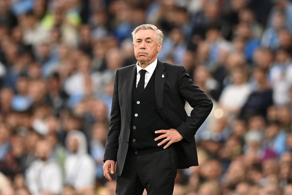 MANCHESTER, ENGLAND - MAY 17: Carlo Ancelotti, Head Coach of Real Madrid, looks on during the UEFA Champions League semi-final second leg match between Manchester City FC and Real Madrid at Etihad Stadium on May 17, 2023 in Manchester, England.