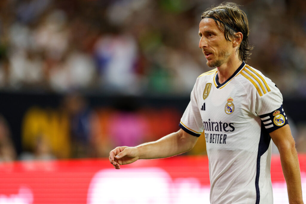 HOUSTON, TEXAS - JULY 26: Luka Modric #10 of Real Madrid reacts in the first half against Manchester United during the 2023 Soccer Champions Tour match at NRG Stadium on July 26, 2023 in Houston, Texas.