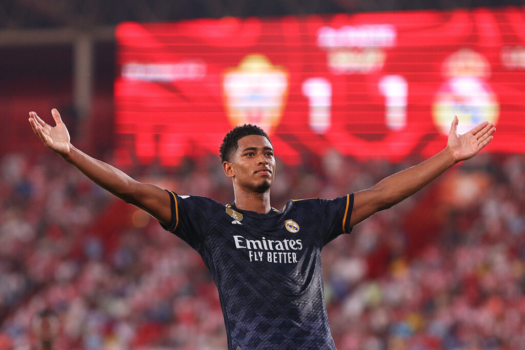 ALMERIA, SPAIN - AUGUST 19: Jude Bellingham of Real Madrid celebrates after scoring the team's second goal during the LaLiga EA Sports match between UD Almeria and Real Madrid CF at Juegos Mediterraneos on August 19, 2023 in Almeria, Spain.