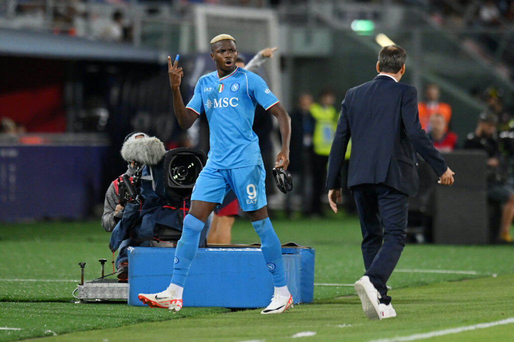 BOLOGNA, ITALY - SEPTEMBER 24: Victor Osimhen of Napoli reacts after he is substituted during the Serie A TIM match between Bologna FC and SSC Napoli at Stadio Renato Dall'Ara on September 24, 2023 in Bologna, Italy.