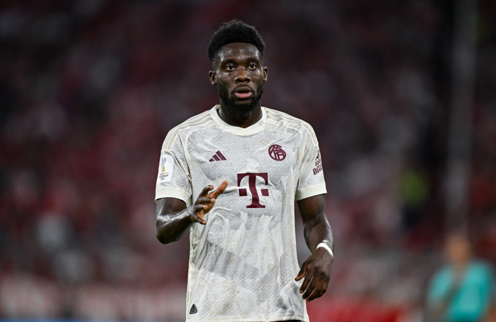 MUNICH, GERMANY - AUGUST 12: Alphonso Davies of FC Bayern München in action during the DFL Supercup 2023 match between FC Bayern München and RB Leipzig at Allianz Arena on August 12, 2023 in Munich, Germany.