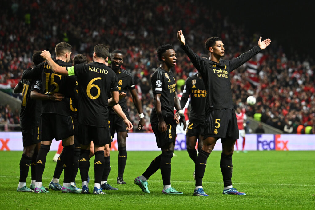 BRAGA, PORTUGAL - OCTOBER 24: Jude Bellingham of Real Madrid celebrates after scoring the team's second goal during the UEFA Champions League match between SC Braga and Real Madrid at Estadio Municipal de Braga on October 24, 2023 in Braga, Portugal.