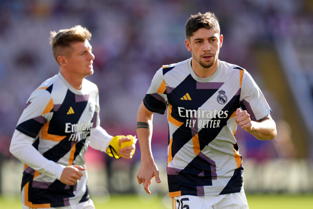 BARCELONA, SPAIN - OCTOBER 28: Toni Kroos and Federico Valverde of Real Madrid warm up prior to the LaLiga EA Sports match between FC Barcelona and Real Madrid CF at Estadi Olimpic Lluis Companys on October 28, 2023 in Barcelona, Spain.