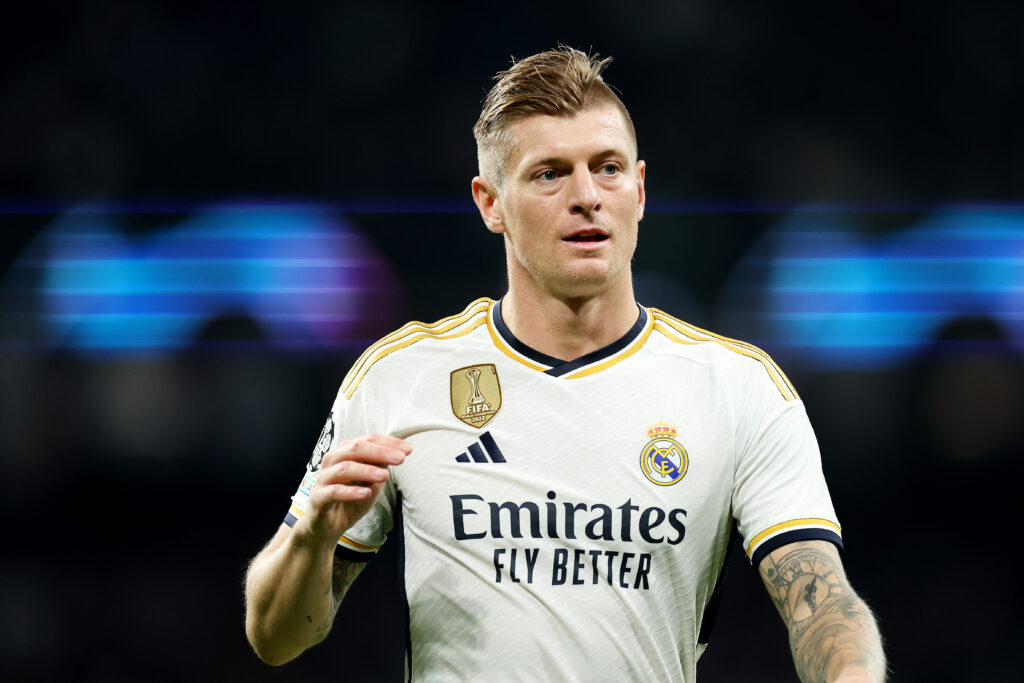 MADRID, SPAIN - NOVEMBER 29: Toni Kroos of Real Madrid reacts during the UEFA Champions League match between Real Madrid and SSC Napoli at Estadio Santiago Bernabeu on November 29, 2023 in Madrid, Spain.