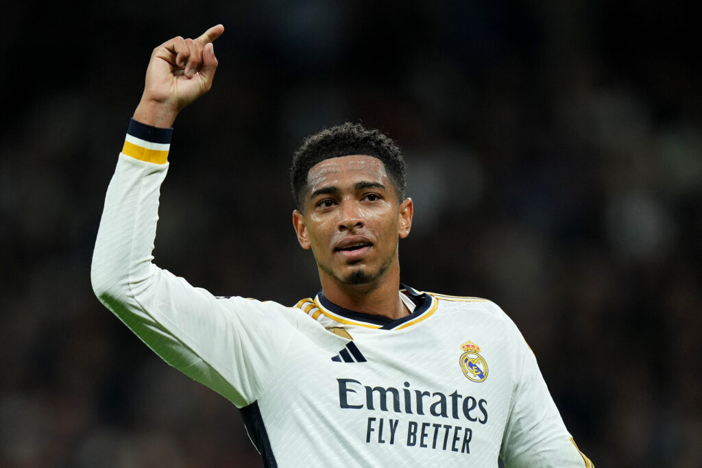 MADRID, SPAIN - NOVEMBER 29: Jude Bellingham of Real Madrid celebrates after scoring the team's second goal during the UEFA Champions League match between Real Madrid and SSC Napoli at Estadio Santiago Bernabeu on November 29, 2023 in Madrid, Spain.