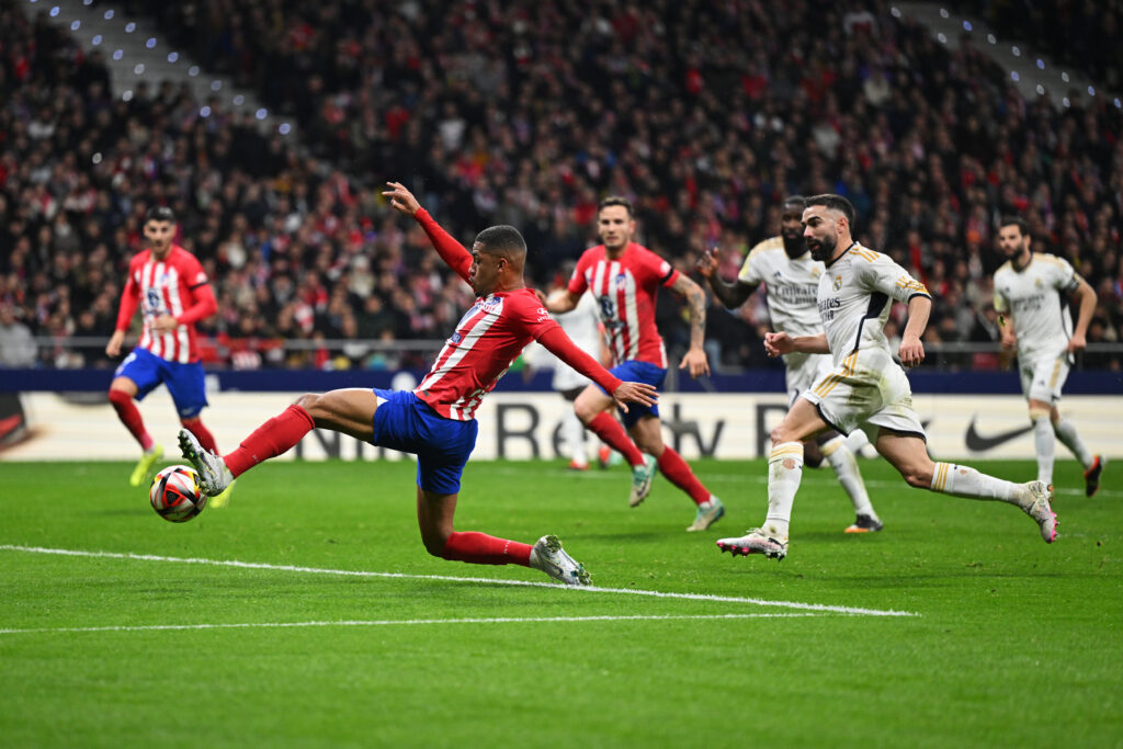 MADRID, SPAIN - JANUARY 18: Samuel Lino of Atletico Madrid scores his team's first goal during the Copa del Rey Round of 16 match between Atletico Madrid and Real Madrid CF at Civitas Metropolitano Stadium on January 18, 2024 in Madrid, Spain.