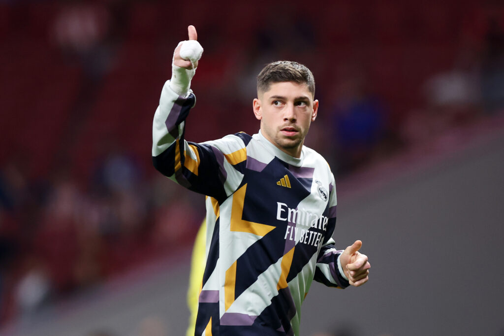 MADRID, SPAIN - SEPTEMBER 24: Federico Valverde of Real Madrid warms up prior to the LaLiga EA Sports match between Atletico Madrid and Real Madrid CF at Civitas Metropolitano Stadium on September 24, 2023 in Madrid, Spain.