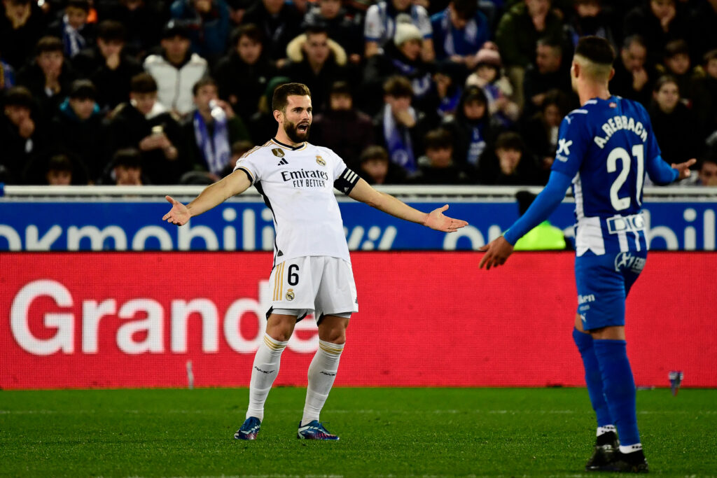 Real Madrid's Spanish defender #06 Nacho Fernandez reacts during the Spanish league football match between Deportivo Alaves and Real Madrid CF at the Mendizorroza stadium in Vitoria on December 21, 2023.