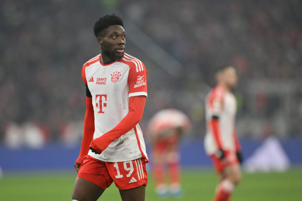 MUNICH, GERMANY - JANUARY 12: Alphonso Davies of FC Bayern München looks on during the Bundesliga match between FC Bayern München and TSG Hoffenheim at Allianz Arena on January 12, 2024 in Munich, Germany.