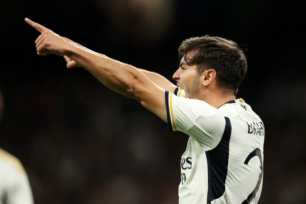 MADRID, SPAIN - NOVEMBER 08: Brahim Diaz of Real Madrid celebrates after scoring the team's first goal during the UEFA Champions League match between Real Madrid and SC Braga at Estadio Santiago Bernabeu on November 08, 2023 in Madrid, Spain.