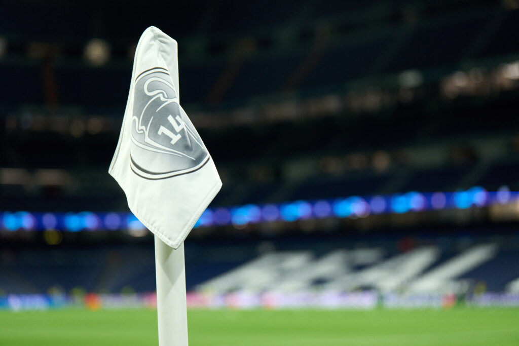 MADRID, SPAIN - NOVEMBER 29: A detailed view of the corner flag prior to the UEFA Champions League match between Real Madrid and SSC Napoli at Estadio Santiago Bernabeu on November 29, 2023 in Madrid, Spain.