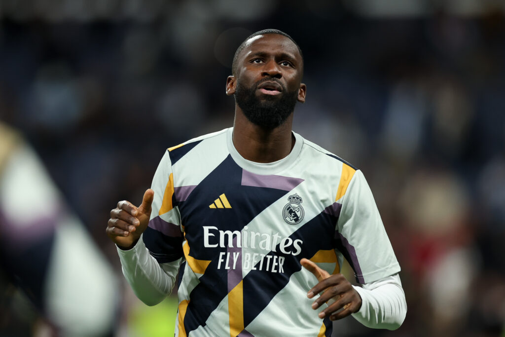 MADRID, SPAIN - NOVEMBER 29: Antonio Rudiger of Real Madrid CF warms up prior to the UEFA Champions League match between Real Madrid and SSC Napoli at Estadio Santiago Bernabeu on November 29, 2023 in Madrid, Spain.