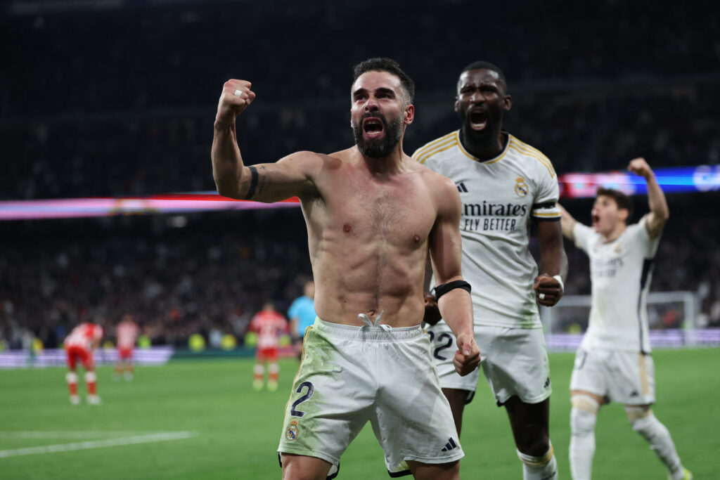 TOPSHOT - Real Madrid's Spanish defender #02 Dani Carvajal celebrates scoring his team's third goal during the Spanish League football match between Real Madrid CF and UD Almeria at the Santiago Bernabeu stadium in Madrid on January 21, 2024.