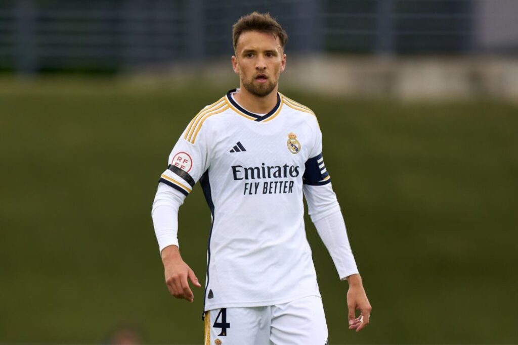 MADRID, SPAIN - OCTOBER 29: Alvaro Carrillo of Real Madrid Castilla looks on during the Primera RFEF Group 2 match between Real Madrid Castilla and AD Ceuta at Estadio Alfredo Di Stefano on October 29, 2023 in Madrid, Spain.