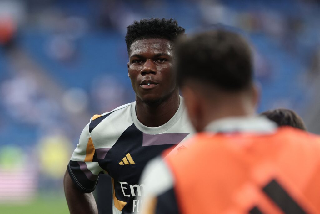 Real Madrid's French defender #18 Aurelien Tchouameni looks on before the start of the Spanish league football match between Real Madrid CF and UD Las Palmas at the Santiago Bernabeu stadium in Madrid on September 27, 2023.