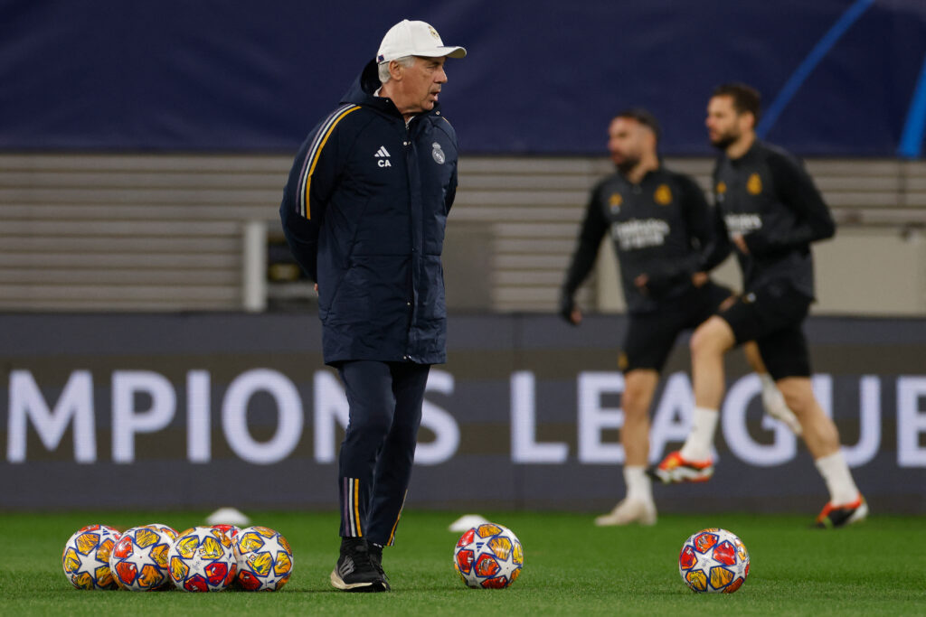 Real Madrid's Italian coach Carlo Ancelotti oversees a training session on February 12, 2024, on the eve of the UEFA Champions League round of 16, first-leg football match between RB Leipzig and Real Madrid CF in Leipzig, eastern Germany.