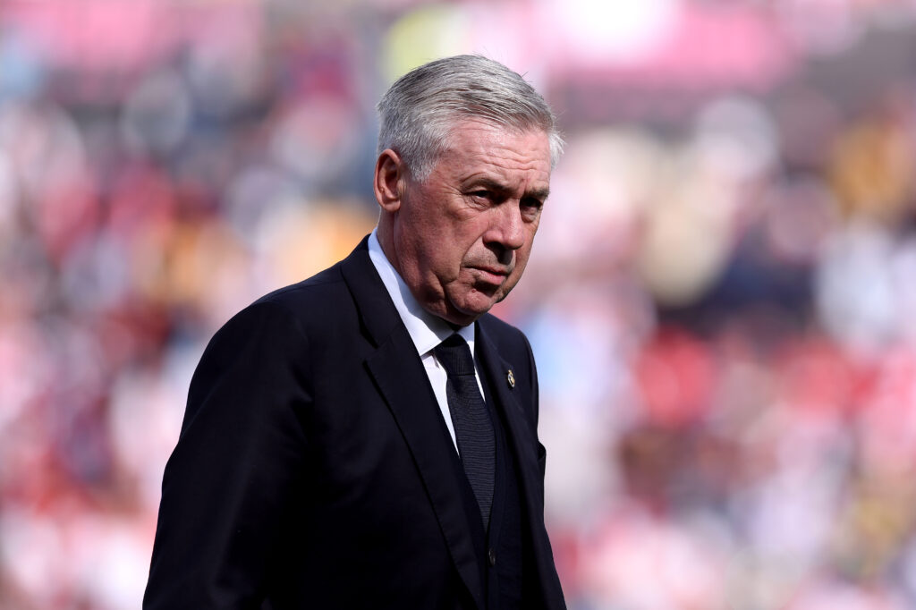 MADRID, SPAIN - FEBRUARY 18: Carlo Ancelotti, Head Coach of Real Madrid, looks on during the LaLiga EA Sports match between Rayo Vallecano and Real Madrid CF at Estadio de Vallecas on February 18, 2024 in Madrid, Spain.