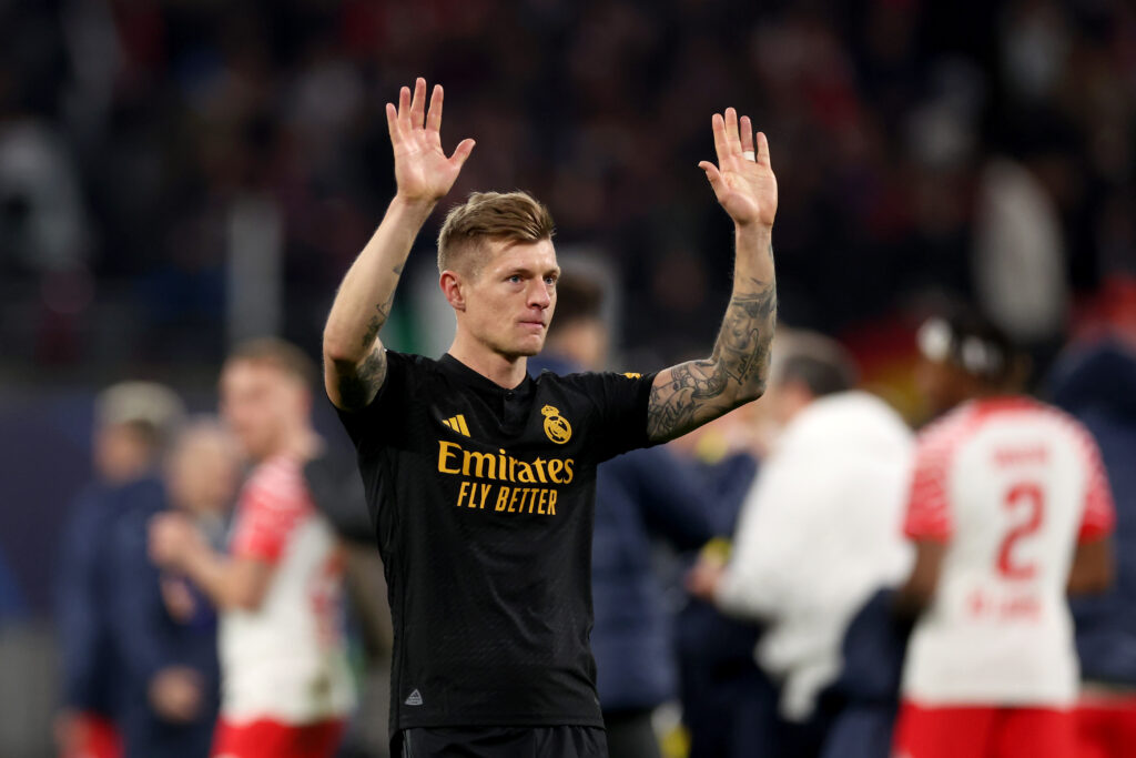 LEIPZIG, GERMANY - FEBRUARY 13: Toni Kroos of Real Madrid shows appreciation to the fans at full-time following the teams' victory in the UEFA Champions League 2023/24 round of 16 first leg match between RB Leipzig and Real Madrid CF at Red Bull Arena on February 13, 2024 in Leipzig, Germany.