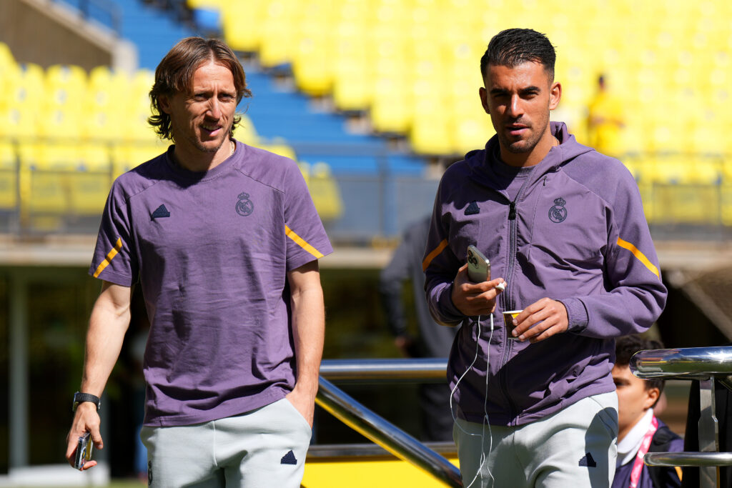 LAS PALMAS, SPAIN - JANUARY 27: Luka Modric and Dani Ceballos of Real Madrid arrive at the stadium prior to the LaLiga EA Sports match between UD Las Palmas and Real Madrid CF at Estadio Gran Canaria on January 27, 2024 in Las Palmas, Spain.