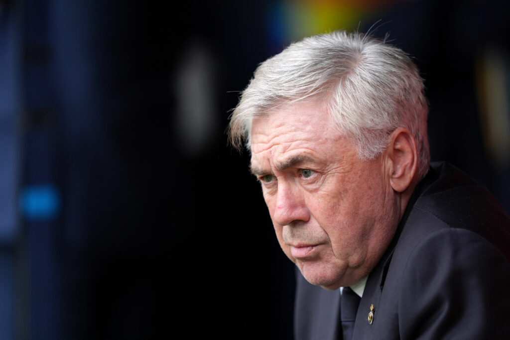 PAMPLONA, SPAIN - MARCH 16: Carlo Ancelotti, Head Coach of Real Madrid, looks on prior to the LaLiga EA Sports match between CA Osasuna and Real Madrid CF at Estadio El Sadar on March 16, 2024 in Pamplona, Spain.