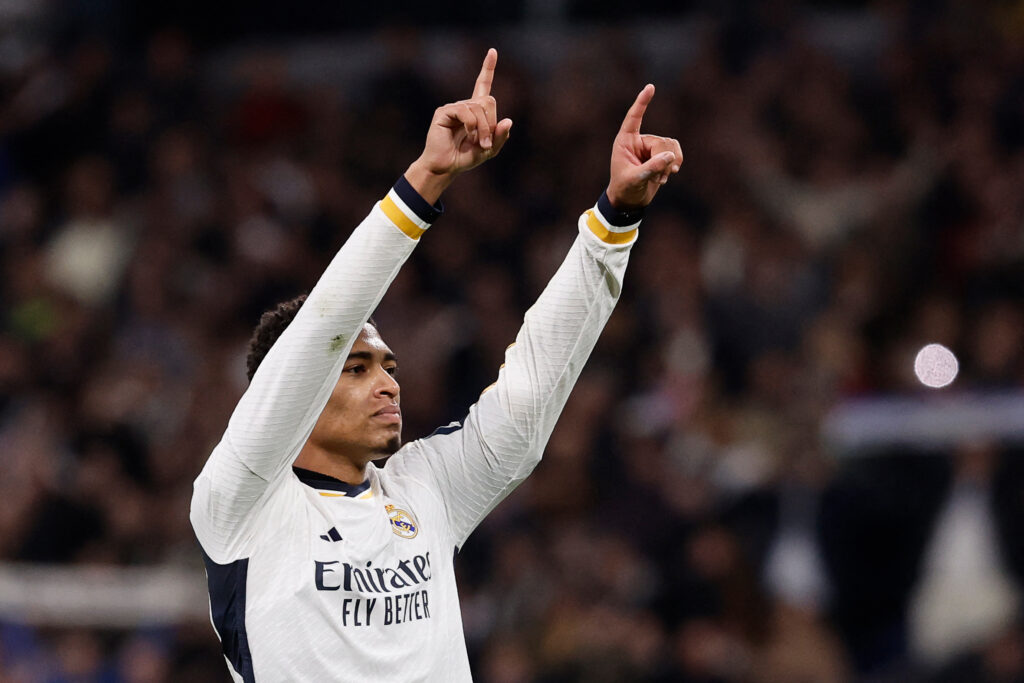 Real Madrid's English midfielder #5 Jude Bellingham celebrates during the Spanish league football match between Real Madrid CF and Girona FC at the Santiago Bernabeu stadium in Madrid on February 10, 2024.