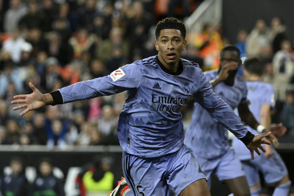 Real Madrid's English midfielder #5 Jude Bellingham reacts at the end of the Spanish league football match between Valencia CF and Real Madrid at the Mestalla stadium in Valencia on March 2, 2024.