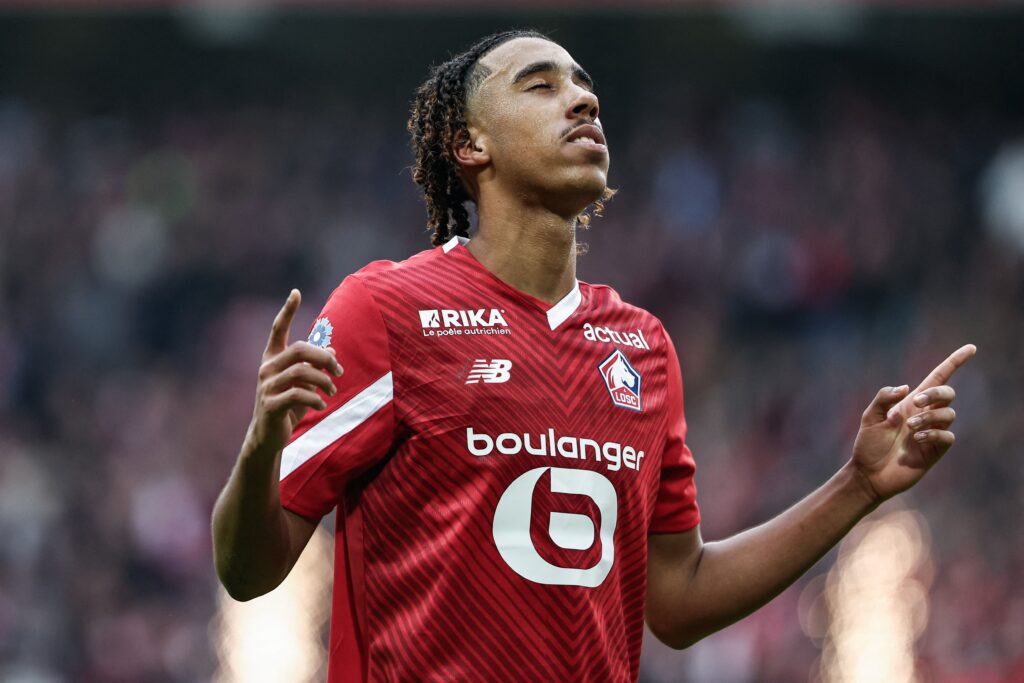 Lille's French defender #15 Leny Yoro celebrates after scoring his team's first goal during the French L1 football match between Lille OSC (LOSC) and Toulouse FC (TFC) at the Stade Pierre-Mauroy in Villeneuve-d'Ascq, northern France on November 12, 2023.