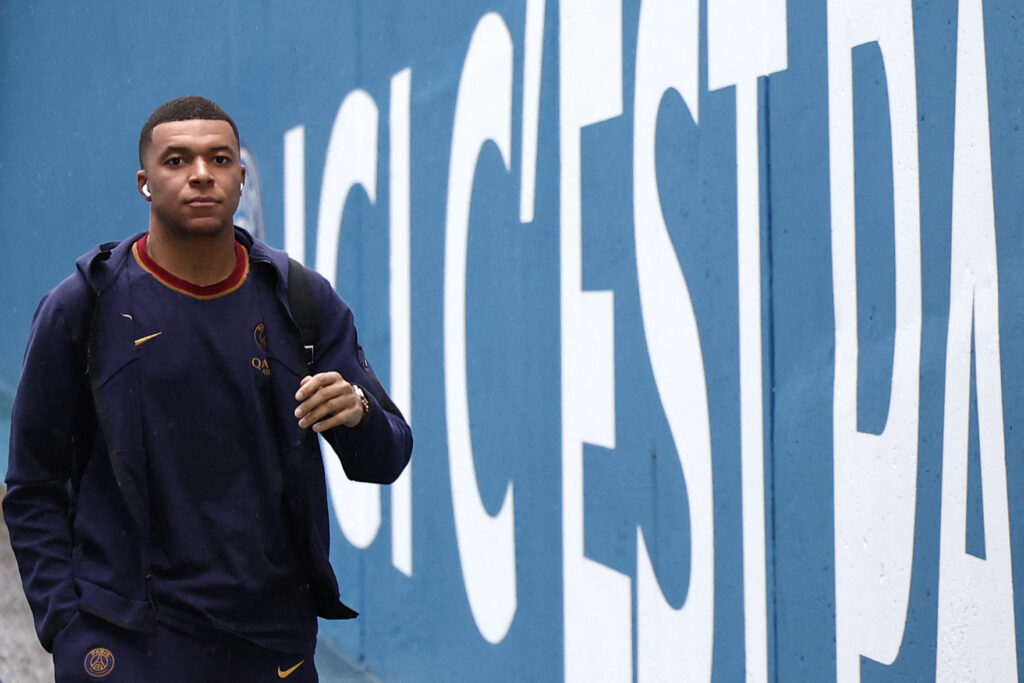 Paris Saint-Germain's French forward Kylian Mbappe arrives at the Parc des Princes stadium prior to the French L1 football match between Paris Saint-Germain (PSG) and Stade Rennais FC in Paris on February 25, 2024.