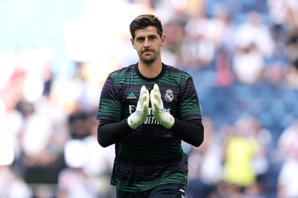 MADRID, SPAIN - JUNE 04: Thibaut Courtois of Real Madrid warms up prior to the LaLiga Santander match between Real Madrid CF and Athletic Club at Estadio Santiago Bernabeu on June 04, 2023 in Madrid, Spain.