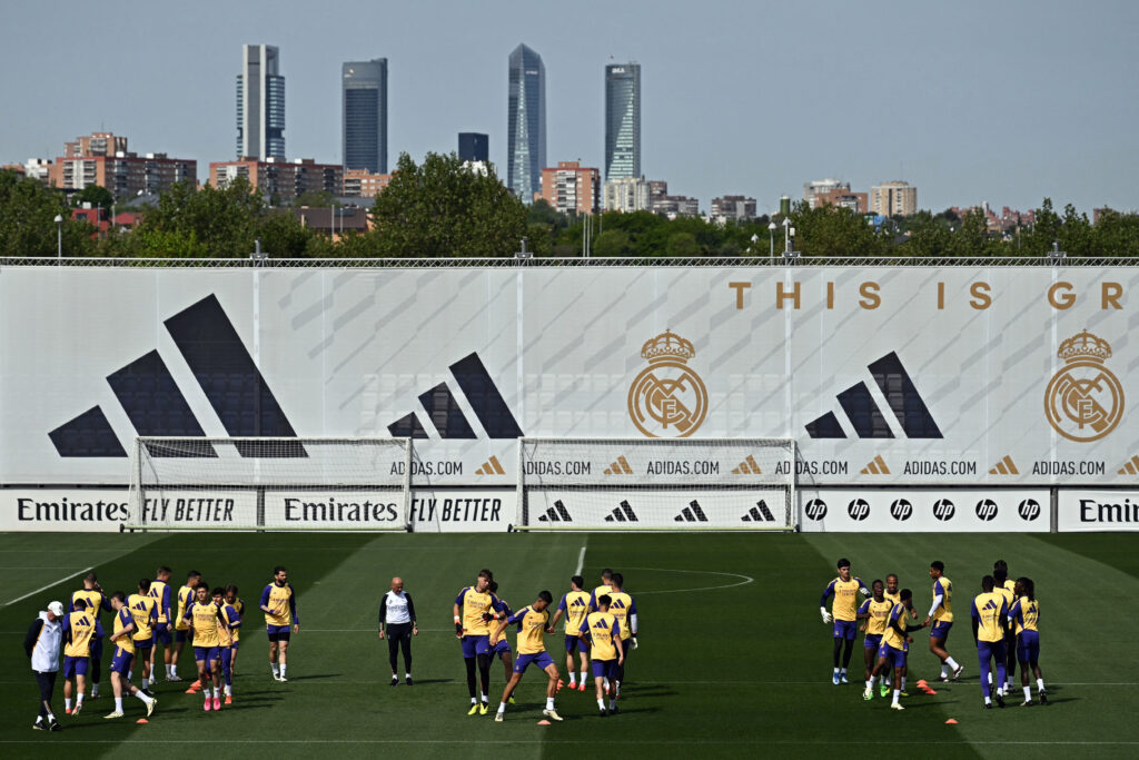 Real Madrid players attend a training session at the training ground of Valdebebas on the eve of their Liga football match against FC Barcelona, in Madrid on April 20, 2024.