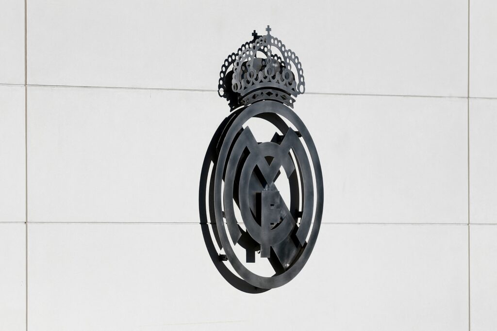 A picture shows the Real Madrid logo at the Spanish club's training facilities of Valdebebas in Madrid on March 20, 2019.