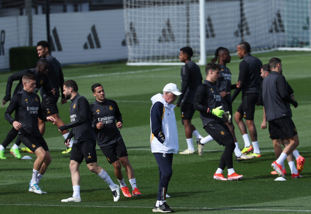 Real Madrid's Italian coach Carlo Ancelotti heads a training session on the eve of their UEFA Champions League quarter final first leg football match against Manchester City at the Real Madrid Sport City in Valdebebas, on the outskirts of Madrid, on April 8, 2024.