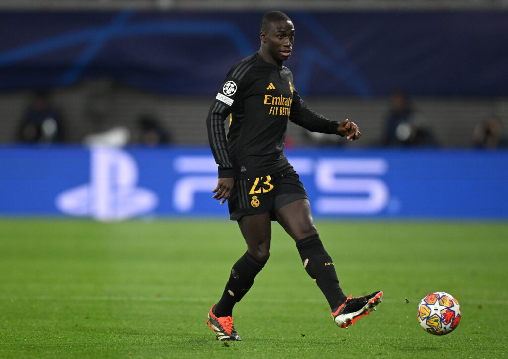 LEIPZIG, GERMANY - FEBRUARY 13: Ferland Mendy of Real Madrid in action during the UEFA Champions League 2023/24 round of 16 first leg match between RB Leipzig and Real Madrid CF at Red Bull Arena on February 13, 2024 in Leipzig, Germany.