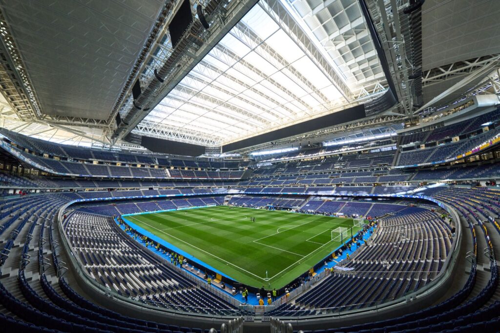 MADRID, SPAIN - APRIL 09: A general view inside the stadium prior to the UEFA Champions League quarter-final first leg match between Real Madrid CF and Manchester City at Estadio Santiago Bernabeu on April 09, 2024 in Madrid, Spain.