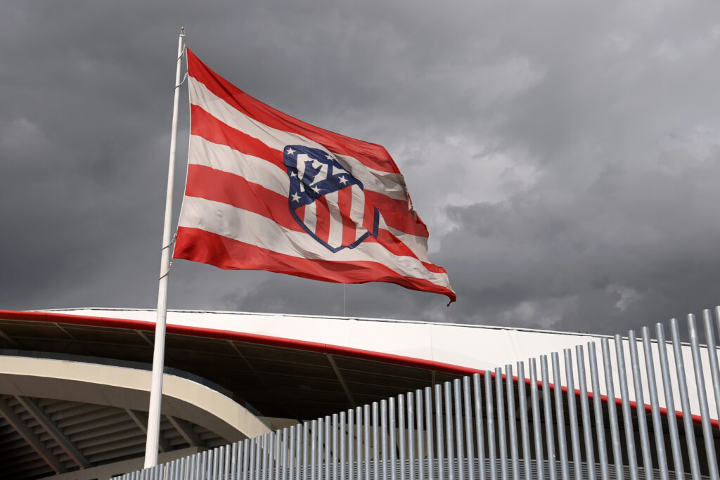 MADRID, SPAIN - SEPTEMBER 15: A general view outside the stadium as the Atletico Madrid flag is seen prior to the UEFA Champions League group B match between Atletico Madrid and FC Porto at Wanda Metropolitano on September 15, 2021 in Madrid, Spain.