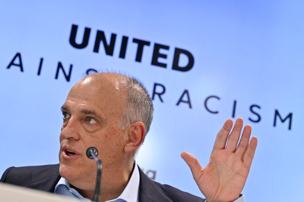 The president of the Spanish football league 'La Liga' Javier Tebas gestures as he gives a press conference in Madrid on May 25, 2023 amid an international outcry after racist abuse was hurled at Real Madrid's Brazilian forward Vinicius Junior during a Spanish league match. The 22-year-old Brazilian forward drew international support after making a stand against the last racist abuse he received from Valencia supporters on May 21.