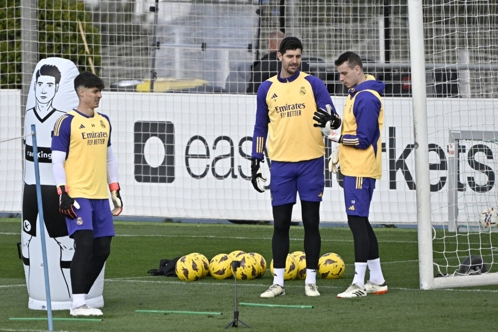 Real Madrid's Spanish goalkeepers Kepa Arrizabalaga, Thibaut Courtois and Andriy Lunin attend a training session at the Ciudad Real Madrid training ground in Valdebebas, outskirts of Madrid, on February 24, 2024.