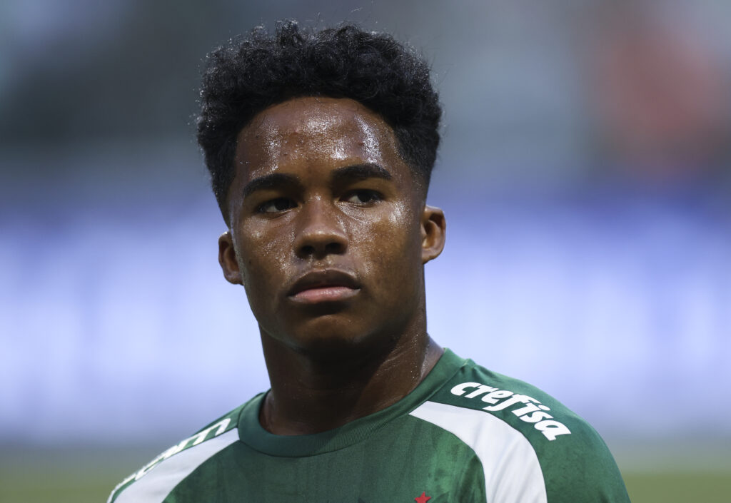 SAO PAULO, BRAZIL - APRIL 07: Endrick of Palmeiras looks on during the Sao Paulo State Championship second leg final between Palmeiras and Santos at Allianz Parque on April 07, 2024 in Sao Paulo, Brazil.