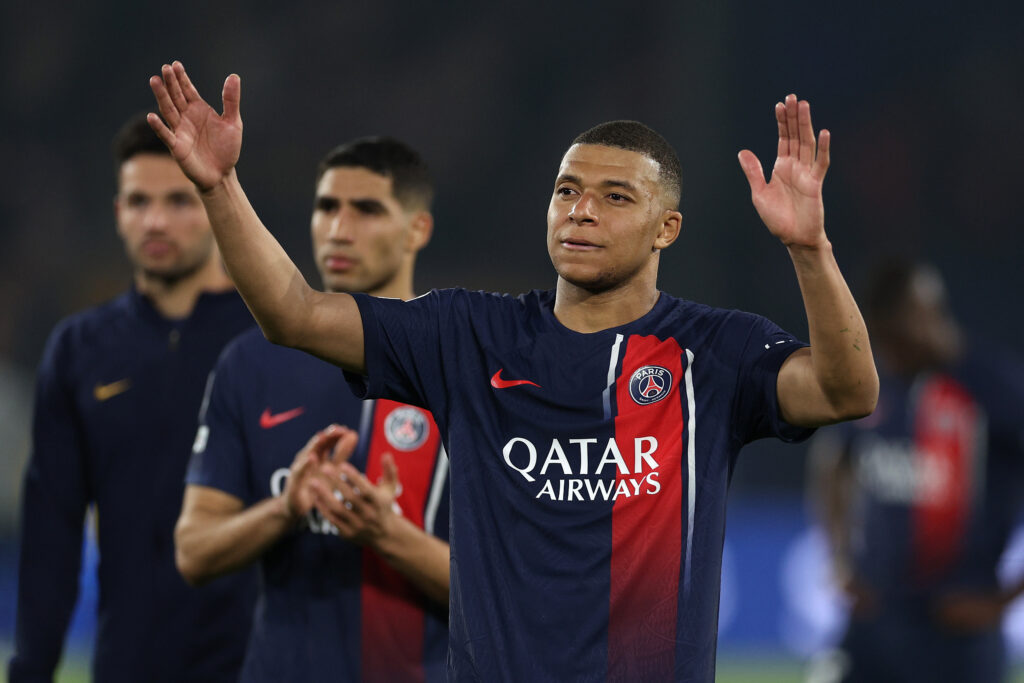 PARIS, FRANCE - MAY 07: Kylian Mbappe of Paris Saint-Germain looks dejected as players of Paris Saint-Germain acknowledge the fans after defeat to Borussia Dortmund during the UEFA Champions League semi-final second leg match between Paris Saint-Germain and Borussia Dortmund at Parc des Princes on May 07, 2024 in Paris, France.