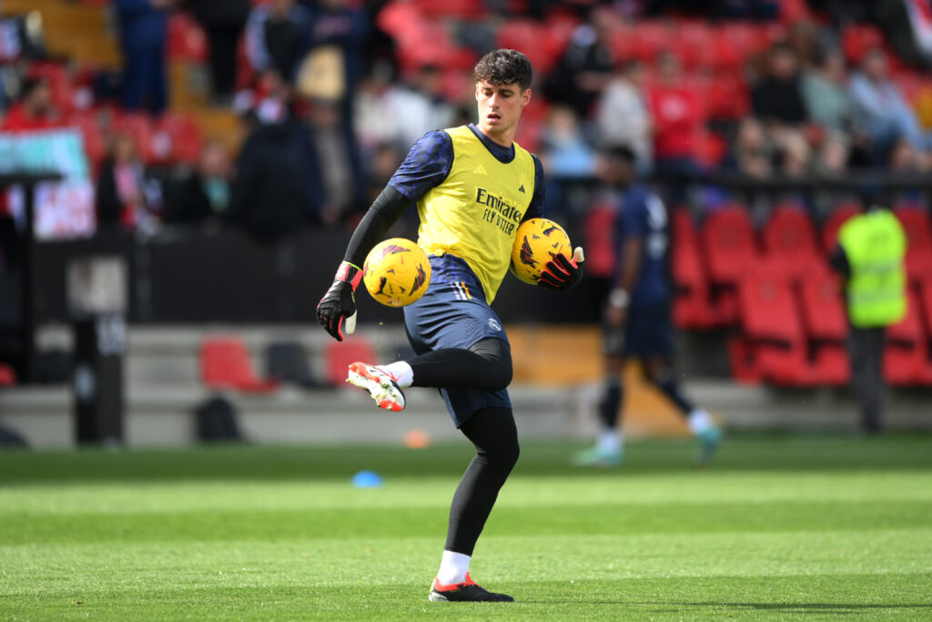 MADRID, SPAIN - FEBRUARY 18: Kepa Arrizabalaga of Real Madrid warms up prior to the LaLiga EA Sports match between Rayo Vallecano and Real Madrid CF at Estadio de Vallecas on February 18, 2024 in Madrid, Spain.