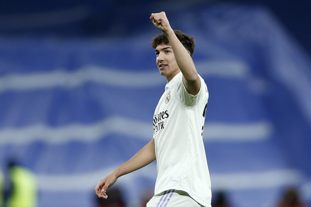 MADRID, SPAIN - JANUARY 26: Mario Martinof Real Madrid celebrates after wining their game during the Copa Del Rey Quarter Final match between Real Madrid and Atletico de Madrid at Estadio Santiago Bernabeu on January 26, 2023 in Madrid, Spain.