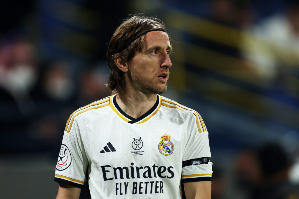 RIYADH, SAUDI ARABIA - JANUARY 10: Luka Modric of Real Madrid looks on during the Super Copa de Espana semi-final match between Real Madrid CF and Atletico Madrid at Al-Awwal Park on January 10, 2024 in Riyadh, Saudi Arabia.