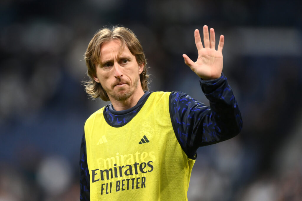 MADRID, SPAIN - MARCH 10: Luka Modric of Real Madrid acknowledges the fans during the warm up prior to the LaLiga EA Sports match between Real Madrid CF and Celta Vigo at Estadio Santiago Bernabeu on March 10, 2024 in Madrid, Spain.