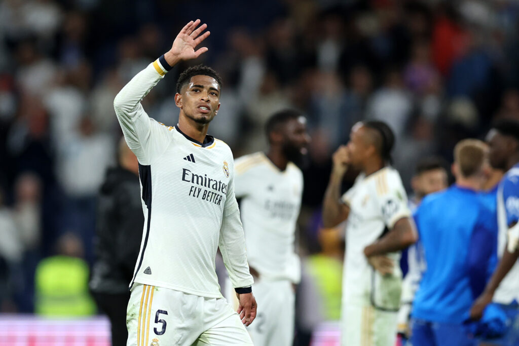 MADRID, SPAIN - MAY 14: Jude Bellingham of Real Madrid acknowledges the fans after the team's victory in the LaLiga EA Sports match between Real Madrid CF and Deportivo Alaves at Estadio Santiago Bernabeu on May 14, 2024 in Madrid, Spain.