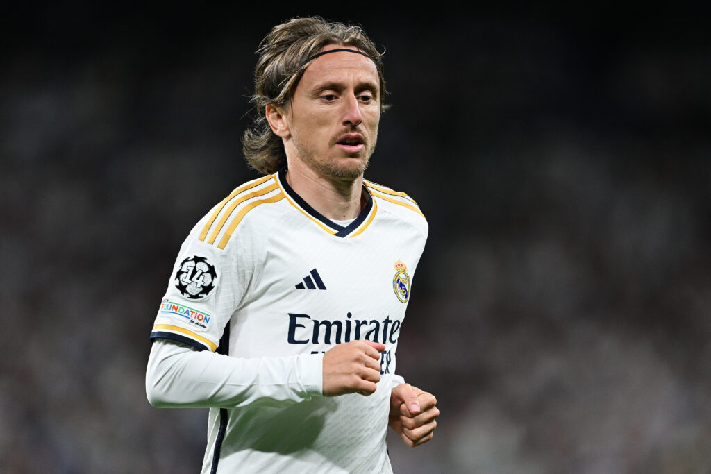 MADRID, SPAIN - APRIL 09: Luka Modric of Real Madrid CF looks on during the UEFA Champions League quarter-final first leg match between Real Madrid CF and Manchester City at Estadio Santiago Bernabeu on April 09, 2024 in Madrid, Spain.