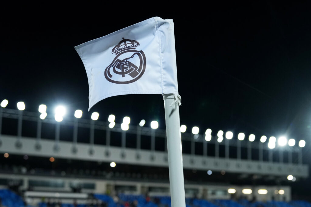 MADRID, SPAIN - DECEMBER 20: A detailed view of a corner flag branded with the Real Madrid CF badge.