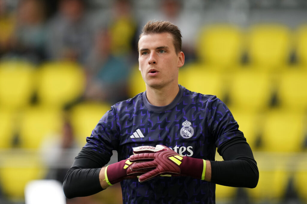 VILLARREAL, SPAIN - MAY 19: Andriy Lunin of Real Madrid looks on during the warm up prior to the LaLiga EA Sports match between Villarreal CF and Real Madrid CF at Estadio de la Ceramica on May 19, 2024 in Villarreal, Spain.