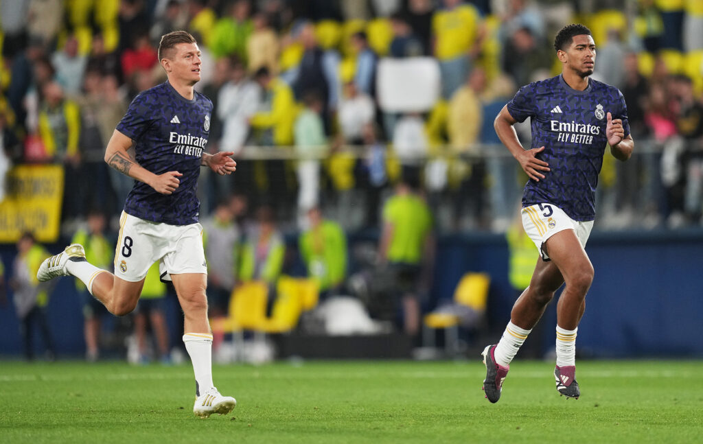 VILLARREAL, SPAIN - MAY 19: Toni Kroos and Jude Bellingham of Real Madrid warm down following the team's draw in the LaLiga EA Sports match between Villarreal CF and Real Madrid CF at Estadio de la Ceramica on May 19, 2024 in Villarreal, Spain.