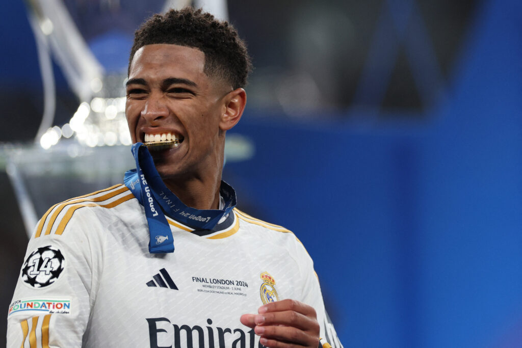 Real Madrid's English midfielder #5 Jude Bellingham celebrates with his medal after winning the UEFA Champions League final football match between Borussia Dortmund and Real Madrid, at Wembley stadium, in London, on June 1, 2024. Real Madrid wins the Champions League final 2 - 0 against Borussia Dortmund.